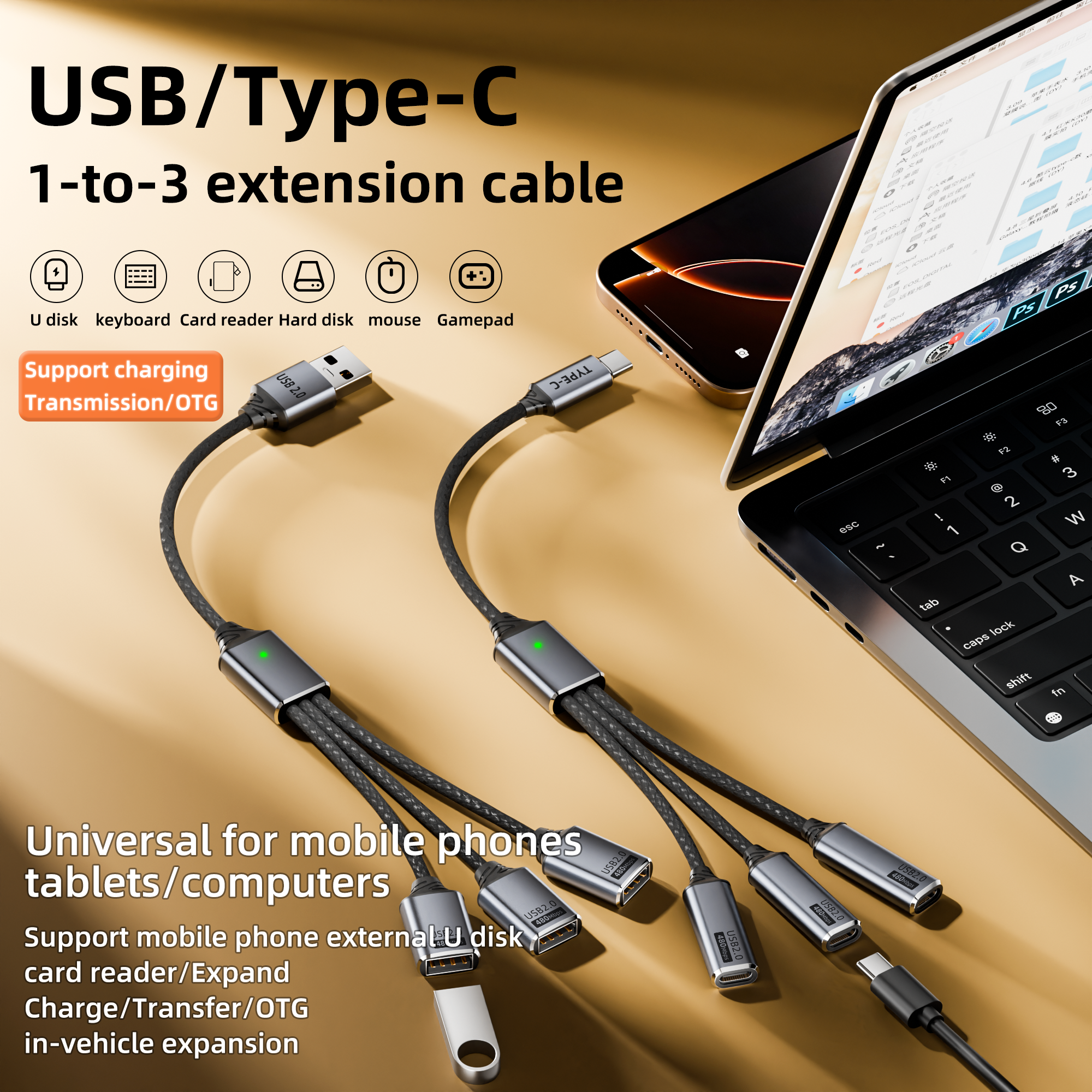 USB splitter cable 1-in-3outpu – Gaming Keyboard Type C recenzja i cena