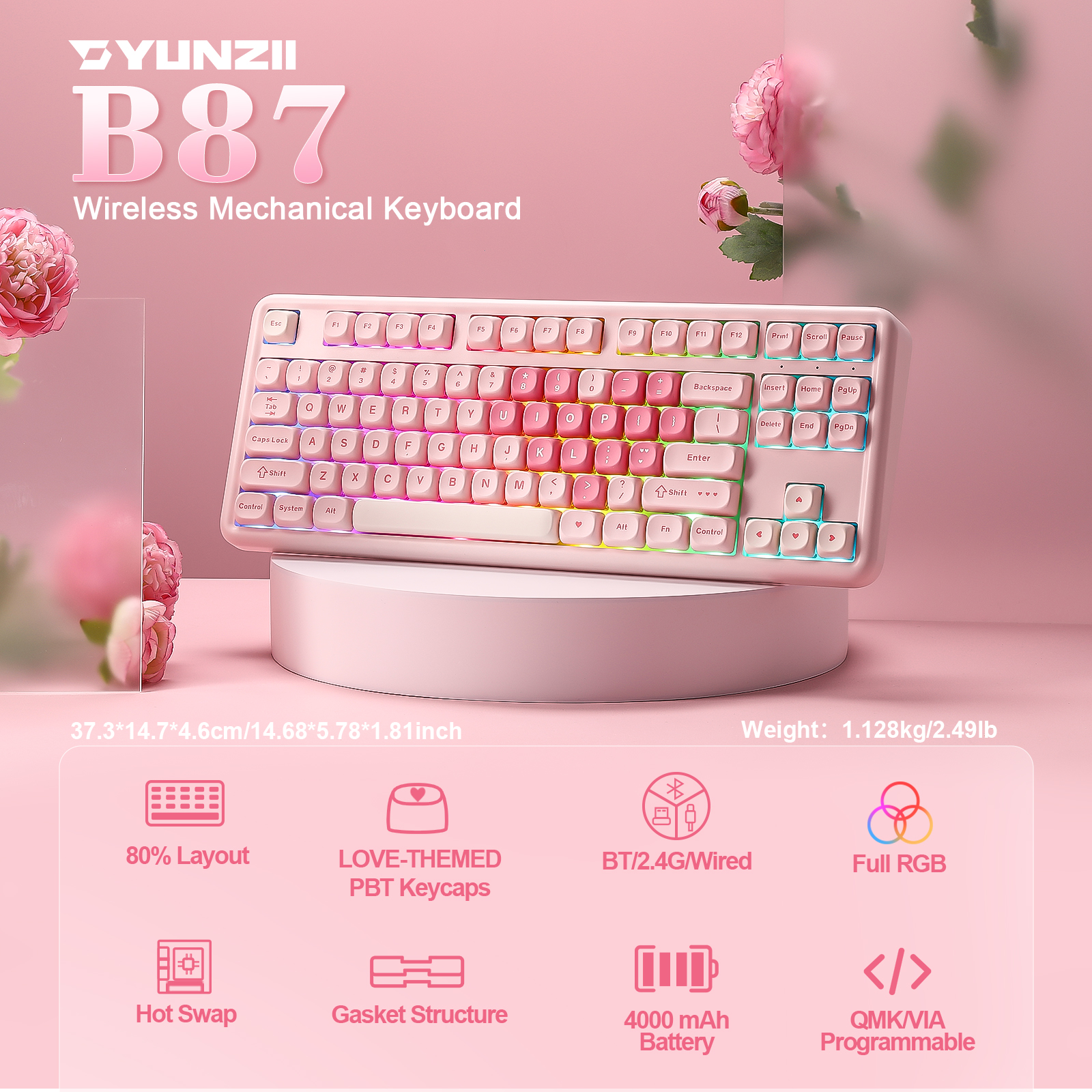 YUNZII B87 Pink Mechanical Gam – Keyboard Gaming Mac recenzja i cena